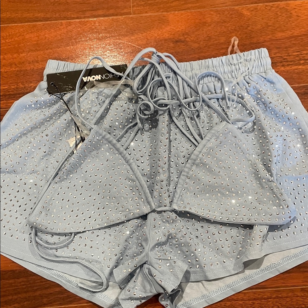 Fashion Nova Blue Rhinestone Two-Piece Set- Size Medium NWT ‘Star of the Show’